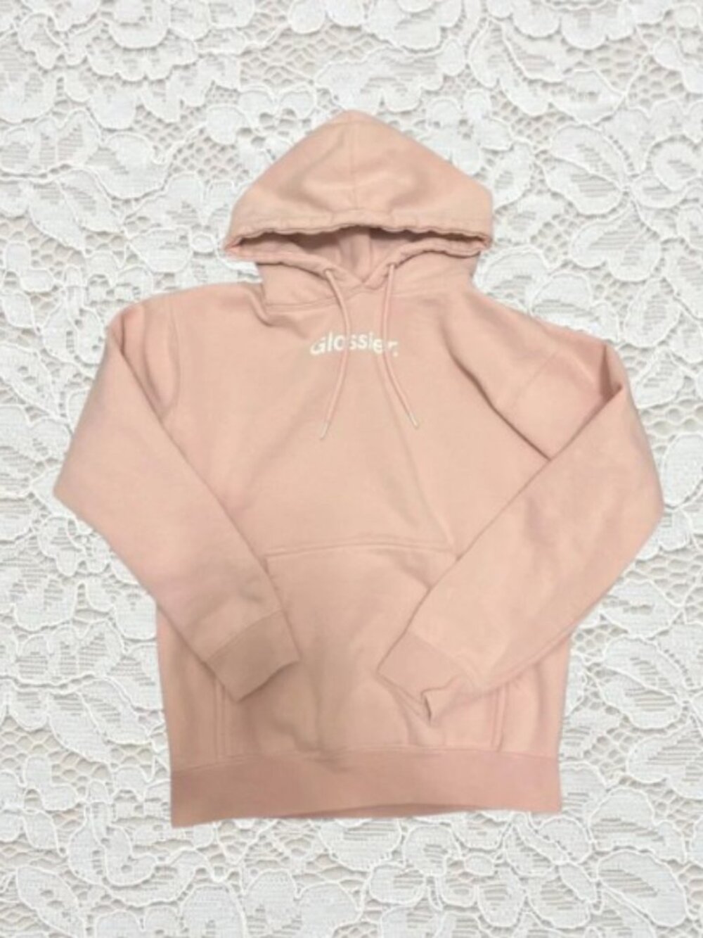 Glossier Blush Pink Hoodie with White Logo